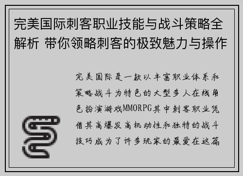 完美国际刺客职业技能与战斗策略全解析 带你领略刺客的极致魅力与操作技巧